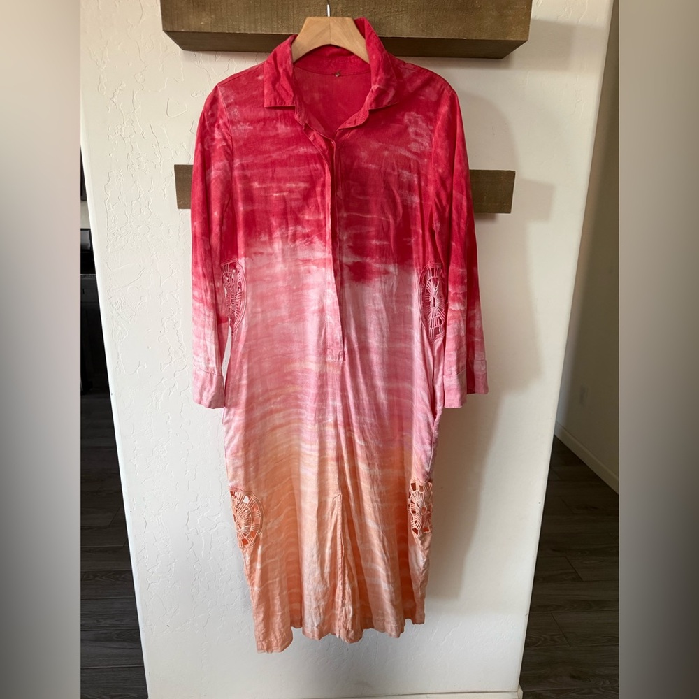 Young Fabulous & Broke|Tie dye Beachy Pink coral Ombre Maxi Shirt Dress,linen•••